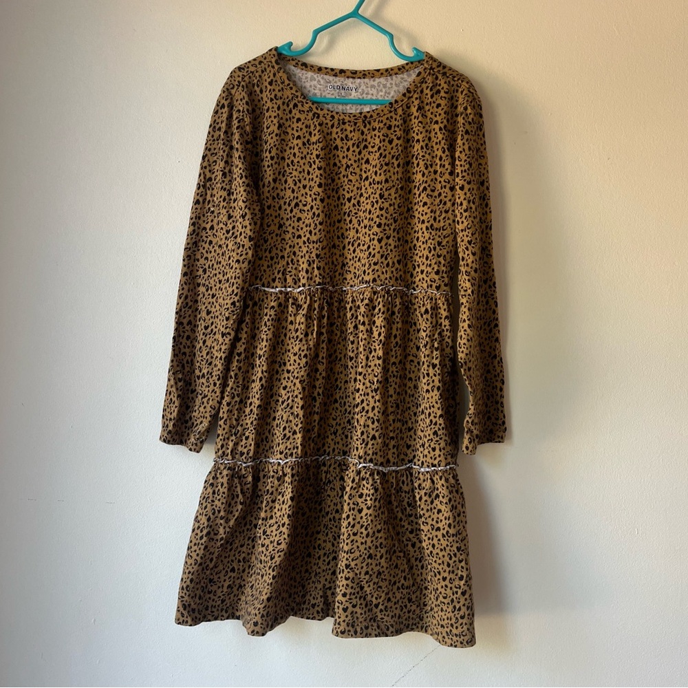 🌼 5/$20 Old Navy Girls Leopard Print Tiered Long Sleeve Dress Brown Black Size M